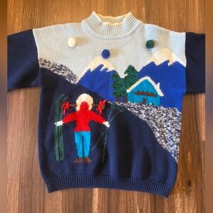 Vintage Ski Cabin Knit Sweater in Navy, Light Blue & Red
